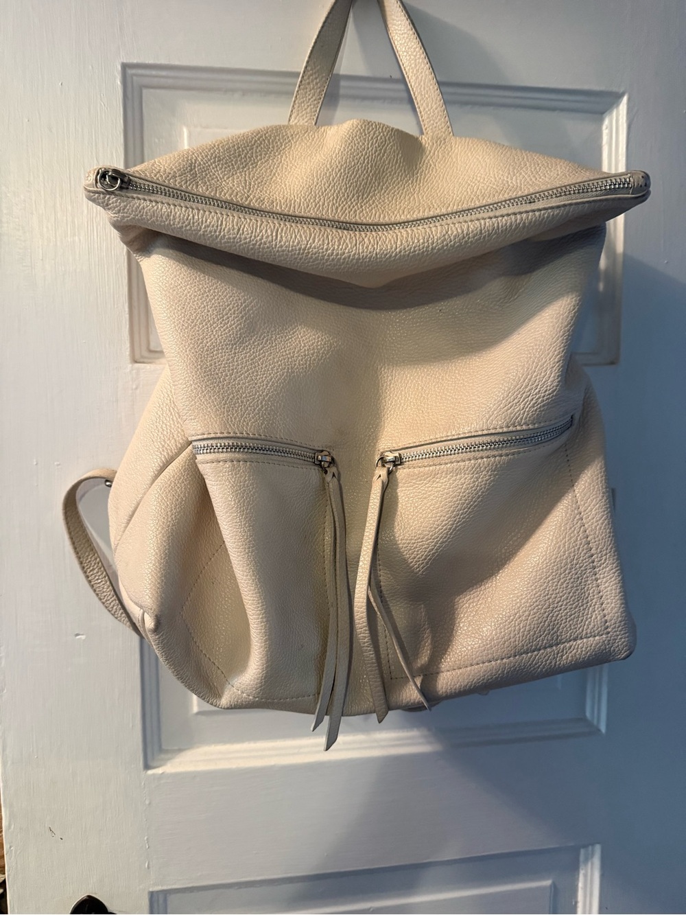 Cream Leather Zip-Front Backpack Tote for Women